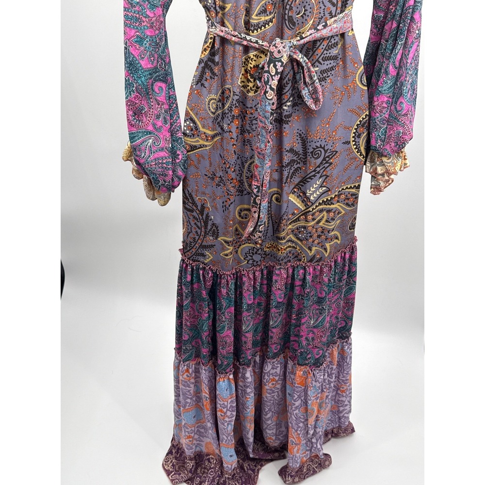 Boho Mixed Paisley Floral Tiered Maxi Dress Purple Pink Tassel Tie Waist Women - Picture 4 of 10